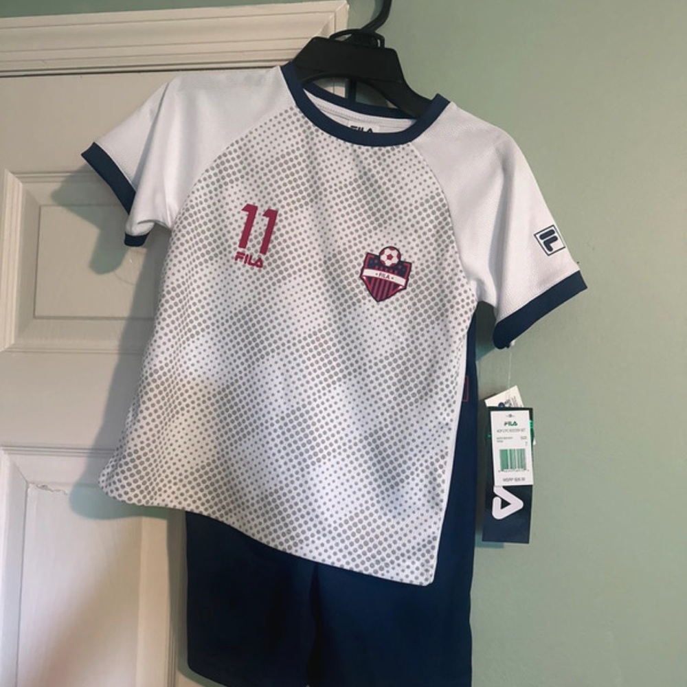 Fila Kids White and Navy Soccer Jersey with Maroon Accents